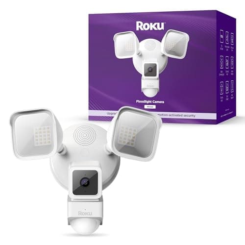 Roku Floodlight Camera for Home Security, Wired Outdoor Security Camera with 270° 1080p HD Night Vision, Dimmable Floodlights, Motion & Sound Detection, Remote Monitoring, 90-Day Subscription Included
