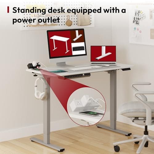 SANODESK Electric Standing Desk with Desk Clamp Power Strip 40"x 24" Whole-Piece Desktop Height Adjustable Stand Up Desk with Cable Management Sit Stand Home Office Desk White Frame/White Top 6