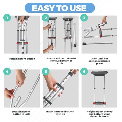 Geiserailie 1 Pair Aluminum Underarm Crutches Lightweight Crutches with Height Adjustment up to 300 Lbs Walking Aid for Adults Elder Range 4'6”– 6'6” with Underarm Pad and Hand Grip 5