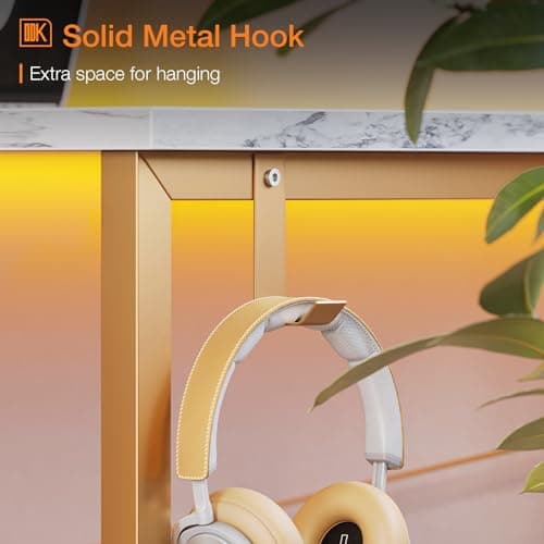 ODK Computer Desk, 40 Inch Small Study Desk, Office Desk with Storage, Work Table with Headphone Hook for Small Space Home Office, White Marble + Gold Leg 7