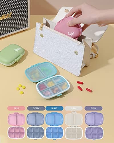 Holii Travel Pill Organizer, 8 Compartments Portable Pill Case, Daily Pill Box to Hold Vitamins, Small Pill Container for Pocket Purse Medicine Organizer（Khaki） 8