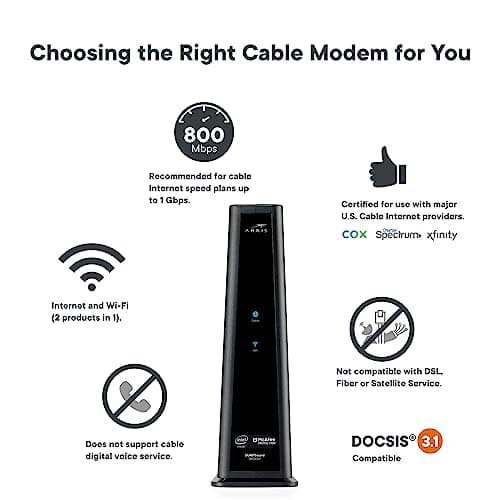 ARRIS (SBG8300) - Cable Modem Router Combo - Fast DOCSIS 3.1 Gigabit & AC2350 WiFi ,Comcast Xfinity, Cox, Spectrum & more, 1 Gbps Max Internet Speeds , 4 OFDM Channels 5