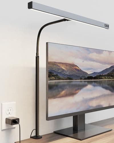 SUPERDANNY LED Desk Lamp for Office Home, Eye-Caring Desk Light with Adjustable Gooseneck, 12W Touch Control Dimmable Brightness, Architect Clamp Lamp with USB Adapter, Grey