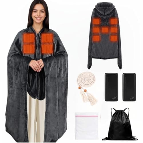 Safeeze Large Portable Heated Blanket 71" × 43", Includes 2 Portable 20000mAh 7.4V Power Banks, 11 Heating Zones, 3 Heat Settings, 1–6H Timer, Machine Washable, with Laundry Bag, Waist Belt & Backpack