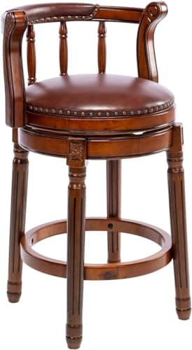 RAINMOOD Bar Stools Counter Height Bar Stool-Rubber Wood Swivel Barstools with Back & Footrest -Genuine Leather Upholstered Bar Chair for Bar, Kitchen, Dining Room(seat Height 26in,1pc)