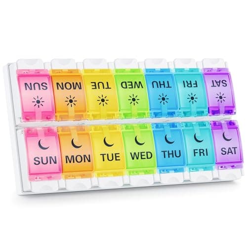 BUG HULL Weekly Pill Organizer 2 Times a Day Arthritis Friendly, AM PM Pill Organizer 7 Day with Easy Push Design, Daily Pill Organizer for Medicine, Pill Box 7 Day for Vitamin, Supplements