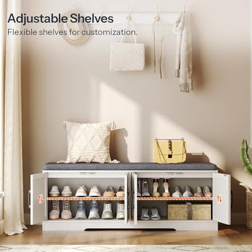 HOOBRO Shoe Storage Bench, Extra Long Mudroom Bench with Shoe Storage, Entryway Bench with Large Capacity, 2-Tier Shoes Rack with Padded Seat Cushion, 4 Barn Doors, Adjustable Shelves, WG120HX01 5