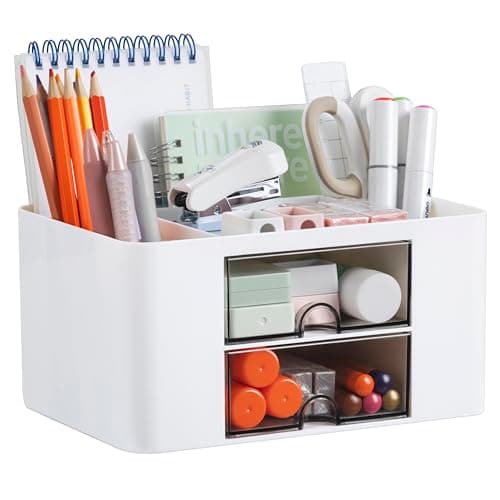 Moikiwi Desk Organizer with 2 Drawers, Pencil Pen Holder for Desk, Cute Desk Accessories with Plastic, Office Supplies for Countop, White 8