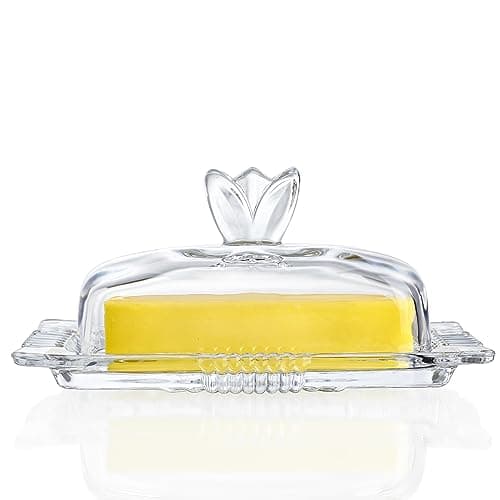 7'' Glass Butter Dish with Lid - Elegant Countertop Butter Container Holds,Clear Butter Keeper for Home Kitchen Decor,Dishwasher Safe 9
