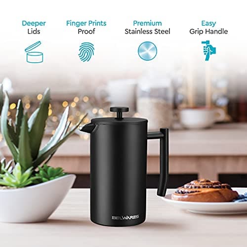 Belwares French Press Coffee Maker 34 Oz - Insulated Coffee Press Stainless Steel 304 - Double Wall & 4 Level Filtration System (1 Liter) - Black 5