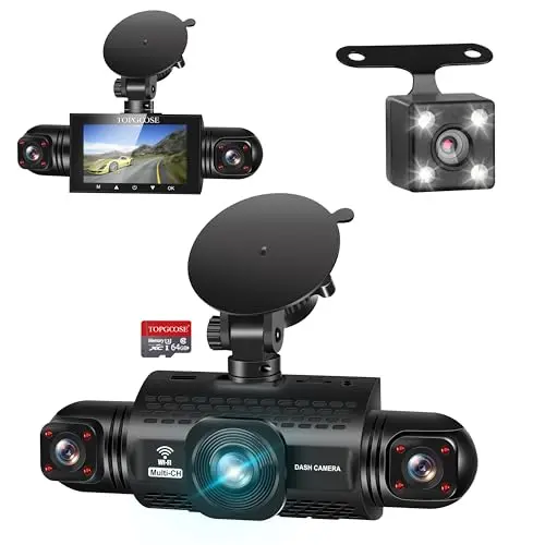 4 Channel Dash Cam 360° View, TOPGOOSE 2K Front and Rear Inside, Left Right Dash Camera for Cars, 8 IR Lamps Night Vision, 5G WiFi & APP Control, G-Sensor, Parking Mode, with a Free 64GB SD Card