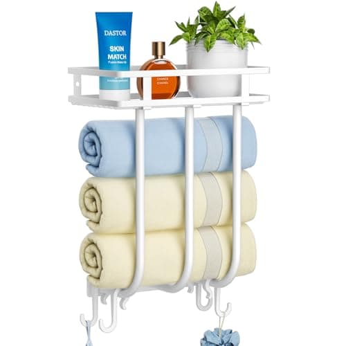 GAGUIUP Towel Racks for Bathroom, Wall Mounted Towel Rack with Metal Shelf & 4 Hanging Hooks, Towel Shelf Towel Storage for Small Bathroom, Can Hold 3 Large Size Rolled Towel Holder Organizer, White