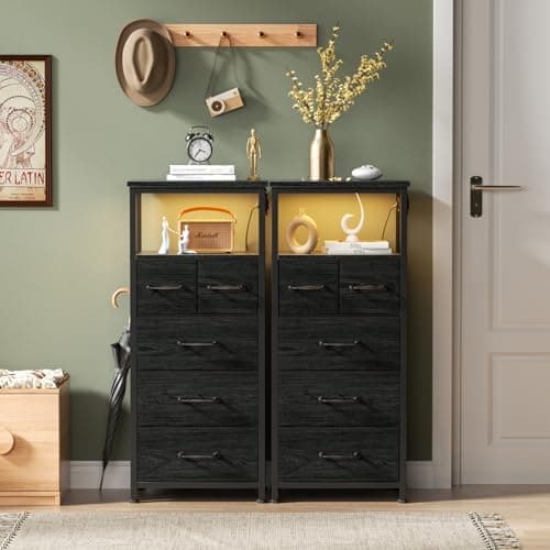 Furnulem Dresser for Bedroom, Tall Nightstand, Vertical Chest with Wood Top, Charging Station, LED Lights, 5 Fabric Bins, Bedside Table with Shelf, Furniture for Entryway (5 Drawer, Black Oak) 7