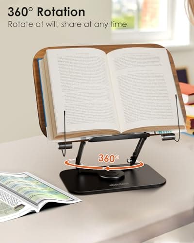 Book Stand for Reading, Aboutool Adjustable Book Holder with 360° Swivel Base & Page Clips, Foldable Cookbook Stand Textbook Stand for Music Scores, Recipe, Tablet, Laptop, Textbook 7