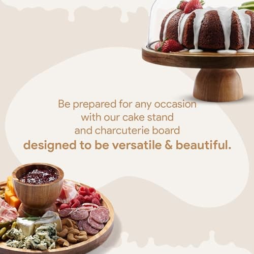 Acacia Wood Cake Stand with Lid - Cake Stand with Dome,12in Round Cake Holder, 2-in-1 Dessert Table Display Set & Charcuterie Board for Cheese, Chips & Dips, Fruit Platter, Large Acrylic Cake Dome Cover 5