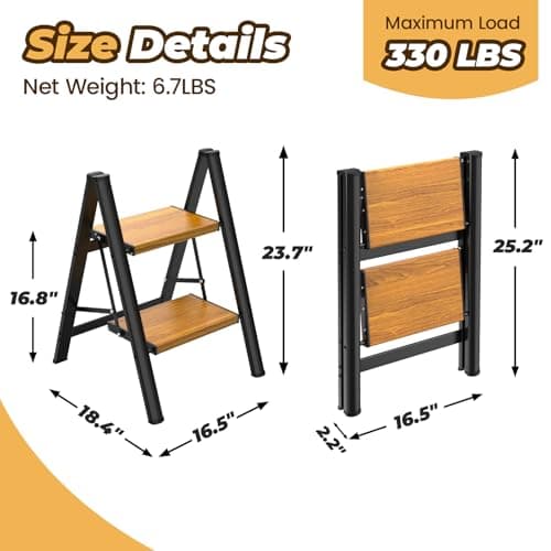 HBTower Step Ladder,Lightweight Aluminum Folding Step Stool with Anti-Slip Wide Pedal,330lbs Capacity Step Ladder for Household,Kitchen,Office - BlackWoodgrain 5