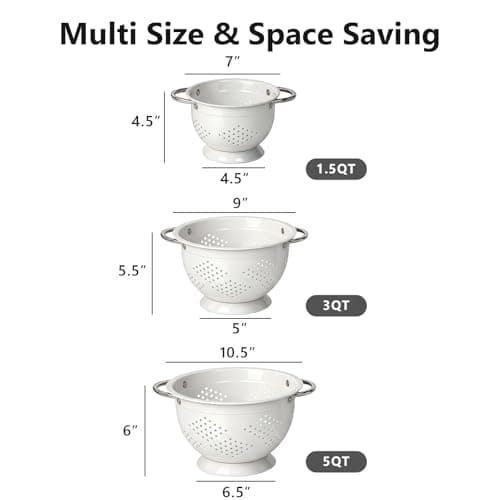 Hillbond Colander Set for Kitchen, 1.5, 3, 5 Qt Stainless Steel Handle Food Strainers and Colanders for Pasta, Vegetables, and Fruits, Coated Metal Kitchen Essential Colanders 6
