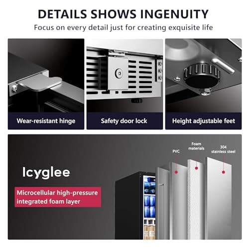 Icyglee 15 Inch Beverage Cooler Under Counter Built-in Beverage Refrigerator,127 Cans Mini Fridge with Glass Removable Shelves for Drink Beer Soda Wine Water 6