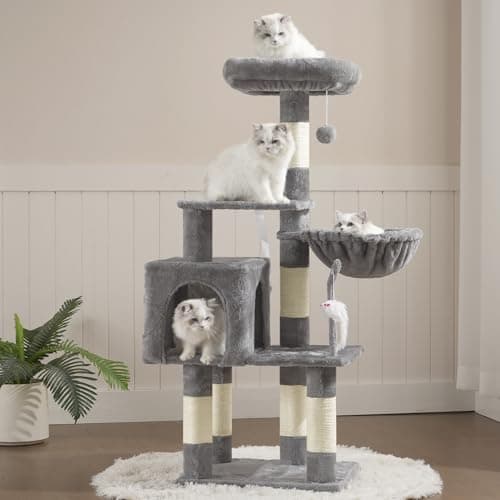 Heybly Cat Tree with Toy, Cat Tower Condo for Indoor Cats, Cat House with Padded Plush Perch, Cozy Hammock and Sisal Scratching Posts, Light Gray HCT004SW 8