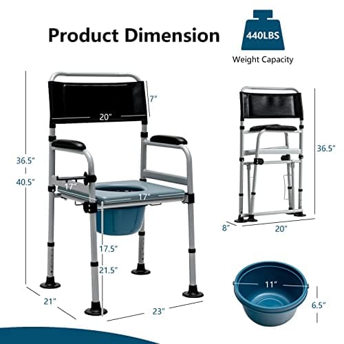 Goplus 4-in-1 Folding Bedside Commode, 440lbs Commode Chair for Toilet with Arms, Padded Seat, Height Adjustable Bedside Toilet, Shower Chair, Adult Potty Chair for Seniors Elderly Disabled Bariatric 6
