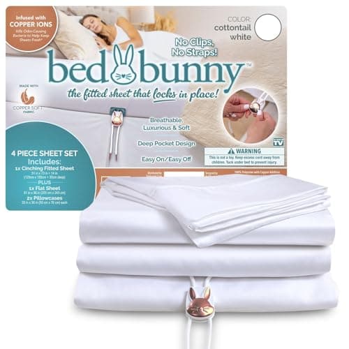 Bed Bunny Locking Fitted Bed Sheet, Stays On & Won’t Slip Off, Built-in StayFit Compression System Hugs Mattresses, AS SEEN ON TV, Wrinkle & Stain Resistant CopperSoft Fabric, Infused w/Copper