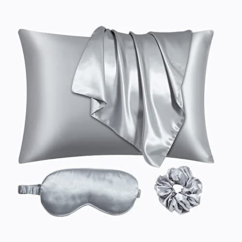 URLINENS Satin Pillowcase for Hair and Skin, Vegan Silk Pillowcase Set-2 Satin Pillowcases, 1 Eye Mask, 1 Scrunchie-Luxury Sleep Set, Silver Gray Pillow Cases with Envelope Closure Standard Size