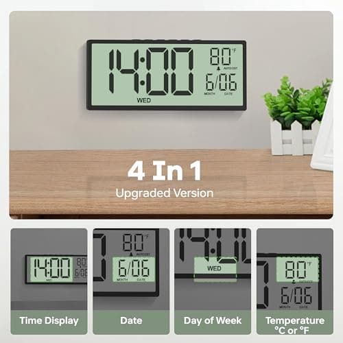 JALL 14.5" Large Digital Wall Clock Battery Operated with Big Digits LCD Screen Display, Day, Date, Alarm, Auto DST, Temperature for Living Room, Bedroom, Desk Decor, Mounted, Gift for Elderly 5