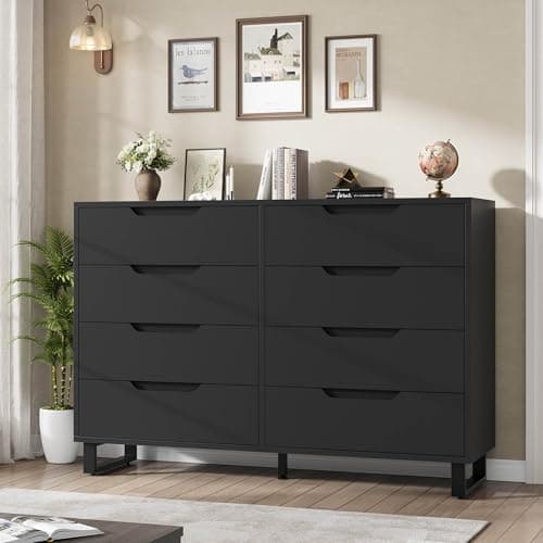GarveeHome 8 Dresser for Bedroom, 55" Wide Dresser, Freestanding Horizontal Drawer with Storage, Wooden Closet Chest Storage for Living Room, Hallway, Entryway, Black