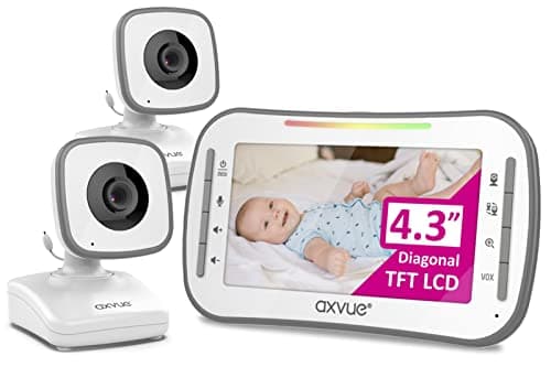 Axvue Video Baby Monitor, Comfortable Slim Design Handheld Enclosure, 4.3" Screen Monitor & 2 Camera, Range up to 1000ft, 12 Hour Battery Life, 2-Way Talk, Night Vision, Temperature Monitor, No WiFi.