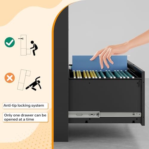 Lateral File Cabinet with Lock 2 Drawer Metal Filing Cabinet, Lateral Filing Cabinet with Lock for Home Office, Locking Metal Steel Wide File for Legal/Letter A4 Size Black 5
