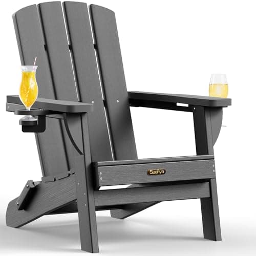 SUUNYN Foldable Adirondack Chair, All-Weather HDPE Fire Pit Chairs, Plastic Adirondack Chairs with 2 Cup Holders, Outdoor Lawn Chair for Patio Garden (Light Grey)
