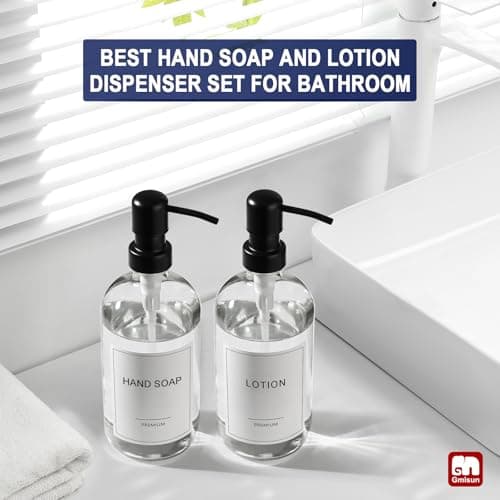 GMISUN Glass Soap Dispenser with Pump, 2 Pack Clear Bathroom Hand Soap Dispenser with Stainless Steel Pump, 17 Fl Oz Refillable Kitchen Hand and Dish Soap Dispensers Set, Modern Liquid Pump Bottles 5