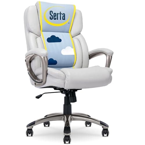 Serta Garret Executive Office Chair, Ergonomic Mid-Back with Lumbar Support, Semi-Plush Cushion and Body Pillows, Padded Armrests, Swivel Base, Bonded Leather, White