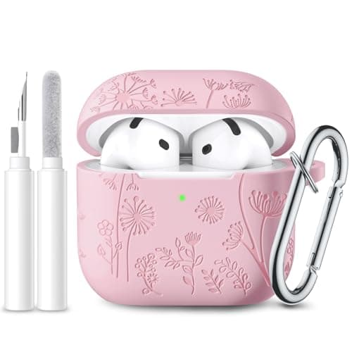 Lerobo for Airpods 4 Case Cover with Cleaner Kit, Cute Flower Engraved Silicone Protective Case Cover with Keychain Compatible with Apple Airpods 4 Case 2024 for Women and Girls, Pink
