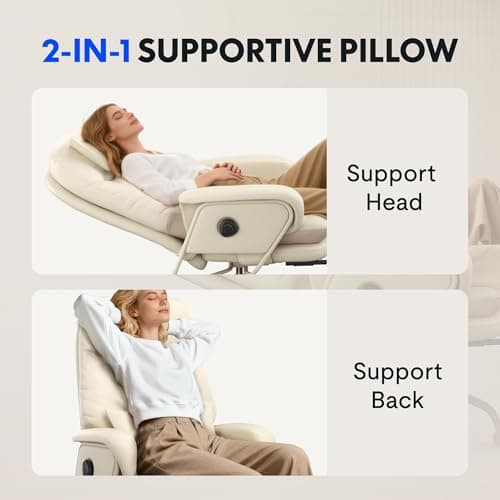 FLEXISPOT Luno 2-in-1 Chaise Lounge Chair Indoor with Wheels Footrest 90-165° Reclining Lumbar Support, Home Office Chairs for Living Room Bedroom Study Working Relaxing, Leather, Beige White 7