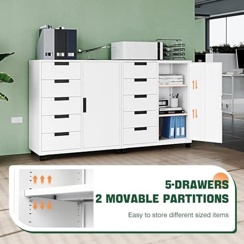 Letaya 5 Drawer Storage Cabinet, Mobile Printer Stand for Home Office,Dresser Chest with Shelves and Door(White) 5