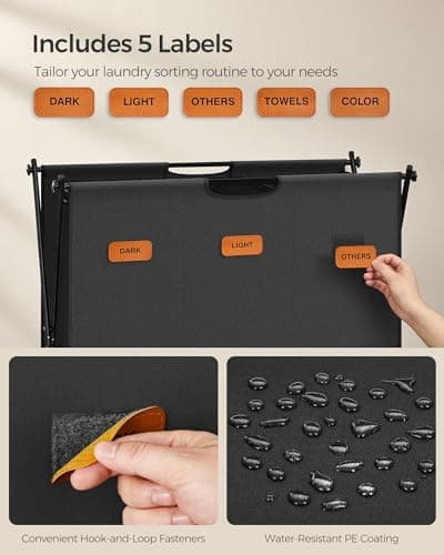 SONGMICS Laundry Hamper, Laundry Basket, 35.7 Gal. Laundry Sorter 3 Sections, Collapsible X-Frame, Clothes Organizer with Customizable Labels, Laundry Room, Bedroom, Bathroom, Ink Black ULCB130B01 5