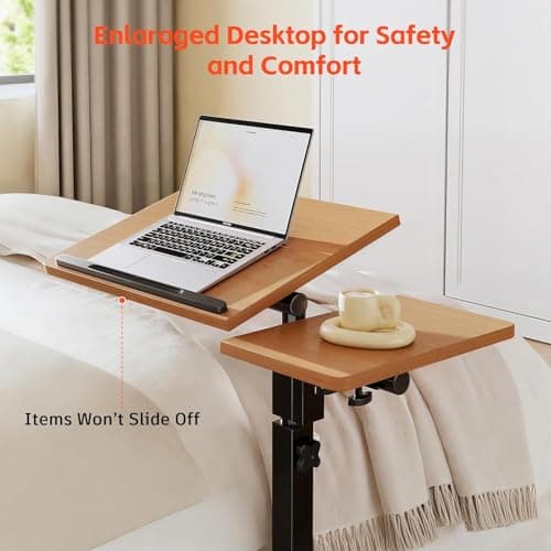 Laptop Desk Stand for Bed Portable Desk Overbed Bedside Mobile Laptop Table Rolling Foldable Table Adjustable Height with Locked Wheels & Mouse Pad for Office Sofa (Natural Color) 6