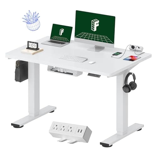 FLEXISPOT EN2 Whole-Piece Standing Desk with Clamp Power Strip, 48 x 30 Electric Stand Up Height Adjustable Desk with Cable Management (White Frame + 48" White Desktop, 2 Packages)