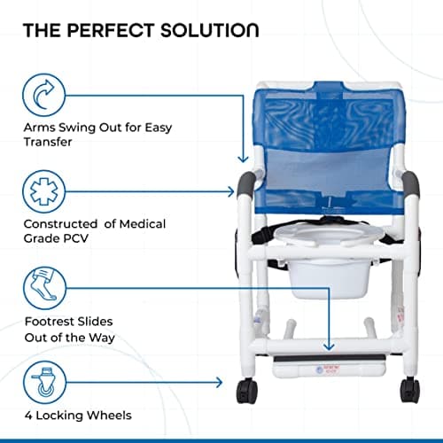 Rolling Shower Chair with Wheels & Drop Arms, Mesh Seat, 4 Locking Casters, Seat Belt, Sliding Footrest, Commode Pail – Fits Over Toilet, 300 lb Capacity – Institutional Grade | RL-1 5