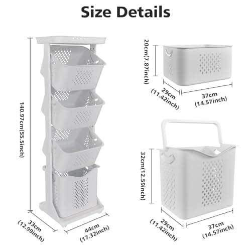 BAOKALER 4-Tier Laundry Hamper Sorter, Vertical Rolling Laundry Baskets with Wheels Removable, Stackable Laundry Cart Organizer and Storage for Small Space, Dorm, Closet, Bathroom 2