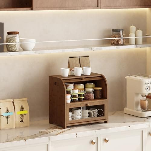 HOOBRO Bread Box, Bamboo Bread Box for Kitchen Countertop, 2 Tier Roll-Top Bread Bin, Food Storage Box, Large Capacity Keeper, Wooden Storage Cabinet, for Kitchen, Dining Room, Brown BR13MB01 8