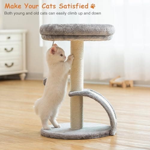 Goozii Small Cat Tree Tower with Scratching Post, Modern Kitten Tower for Indoor Cats, Short Carpet Sisal Cat Scratcher Stand with Large Bed Perch, Scratch Ramp, Toy Ball for Kitty Play (Grey) 7