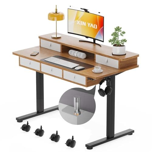 XINYAO Electric Standing Desk with 5 Drawers, 48x24 Inch Height Adjustable Sit Stand Up Desk with Storage Ergonomic Rising Table with Wheels for Home Office