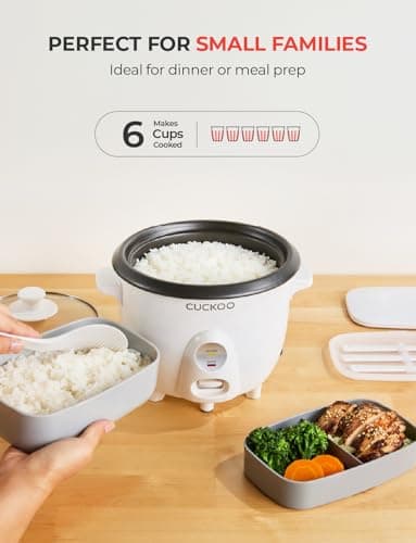 CUCKOO One Touch Rice Cooker 3-Cup (Uncooked) / 6-Cup (Cooked), Mini Rice Cooker & Warmer with Steamer Tray, Versatile Grain Cooker, Soup Maker, Auto Keep Warm, White (CR-0301C) 6