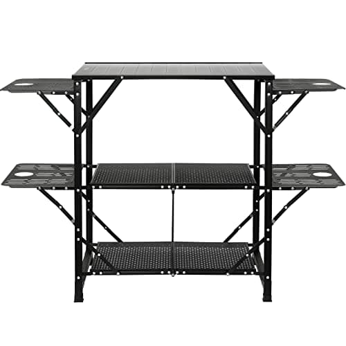 VEVOR Camping Kitchen Table, Aluminum Folding Portable Outdoor Cook Station with 4 Iron Side, 2 Shelves & Carrying Bag, Quick Installation for Picnic BBQ Beach Traveling 9