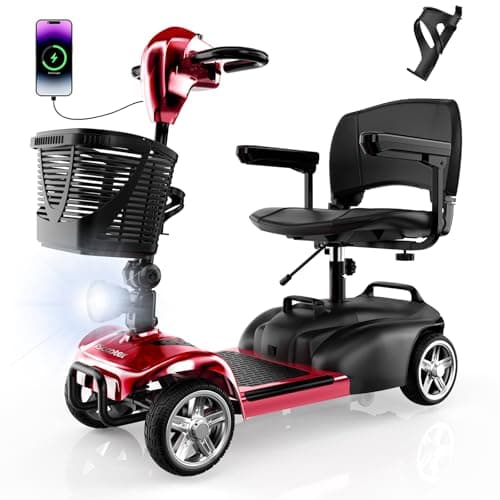 iScooter 4 Wheels Mobility Scooter, Up to 300LBS Mobility Scooter for Seniors & Adults, Foldable Electric Wheelchair Device, LED Headlight, Basket, Cup Holder,Long Range,USB Charging