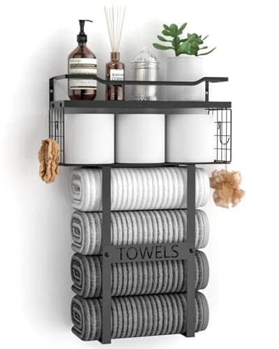 Wall Mounted Towel Rack for Bathroom - Bath Storage Holder Set Above Toilet, Rolled Towel Shelf Organizer, Wood Vertical Rack for Small Bathroom Decor, Black