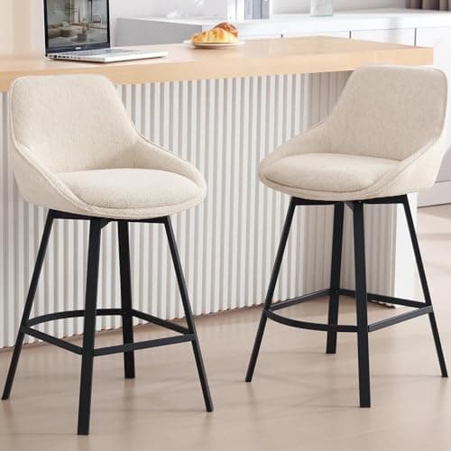 Zesthouse Swivel Bar Stools Set of 2, 26'' Modern Counter Height Bar Stools with Low Backs & Metal Legs, Upholstered Metal Counter Height Chairs, Beige Linen Fabric Island Chairs for Kitchen Counter