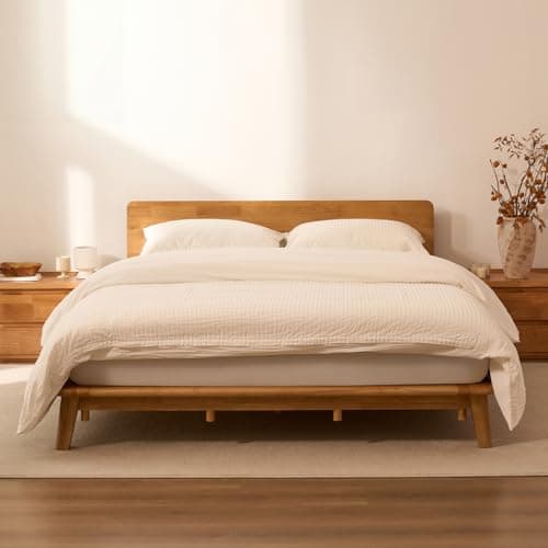 FLEXISPOT Hako Solid Wood Platform Bed Frame Queen,Rubberwood,Tool-Free Fast Assembly,Low Profile Floating,Storage Shelf&Charging Station,Modern Scandinavian Japanese Minimalist,Heavy Duty,Natural Oak